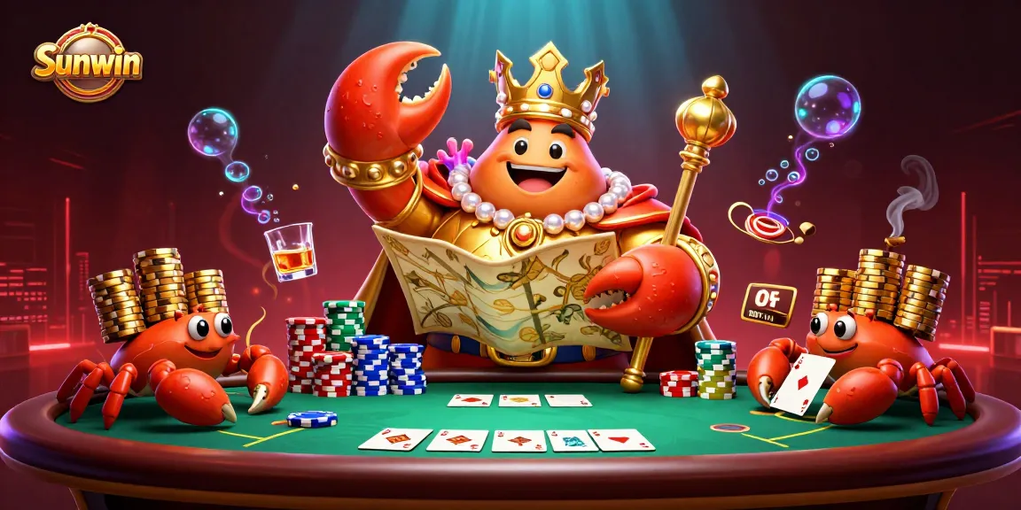 Sunwin showcases a vibrant 3D cartoon crab emperor at a poker table, brimming with casino elements.