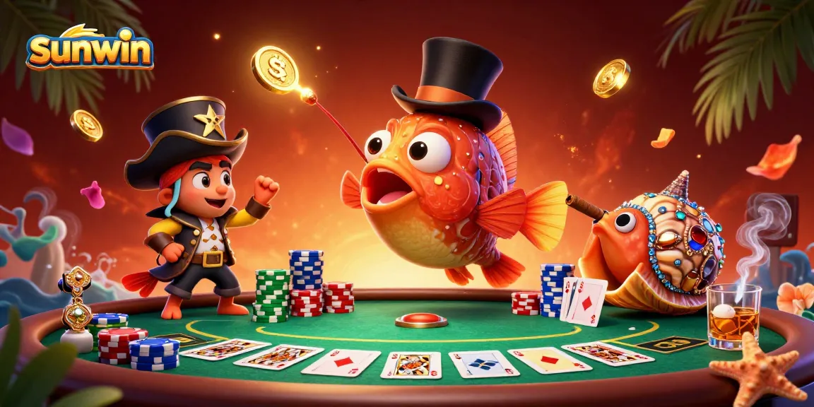 Join the fun at sunwin with anglerfish, pirate shrimp, and gem snail amidst vibrant poker elements.